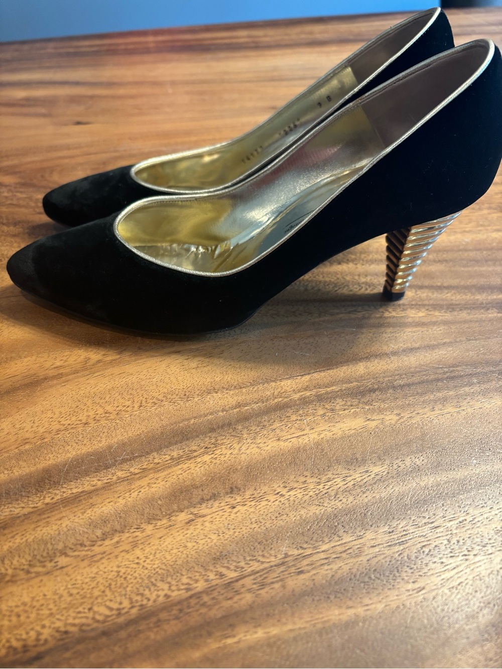 Bruno Magli Black Suede Vintage Pump with Gold Ribbed Heel from late 80’s.